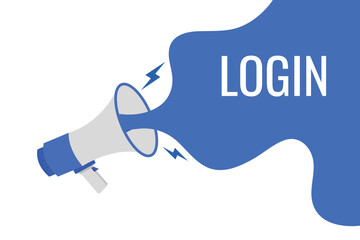 login button, banner, label, template for website. login text with colorful megaphone icon

