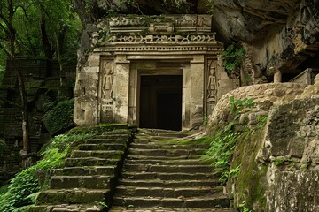 Naklejka premium Stone steps covered in moss leading up to an ancient stone temple entrance overgrown with vines