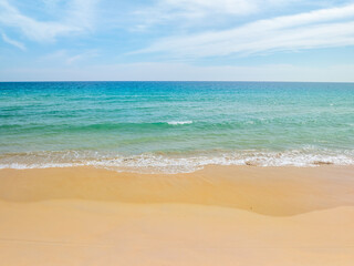 Empty tropical beach and seascape, Beautiful sandy beach and sea in sunny day,Blue sky in good weather day, Beach sea space area nature background