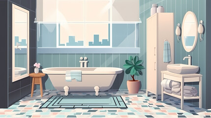Bath room interior with bathtub and toilet bowl, cabinets and mirrors, cleaning products, and towels. Cartoon vector shower space with window and carpet on floor.
