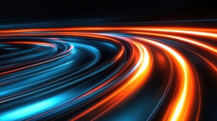 Abstract swirling neon light trails in a dark background