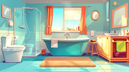Bath room interior with bathtub and toilet bowl, cabinets and mirrors, cleaning products, and towels. Cartoon vector shower space with window and carpet on floor.