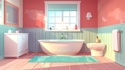Bath room interior with bathtub and toilet bowl, cabinets and mirrors, cleaning products, and towels. Cartoon vector shower space with window and carpet on floor.