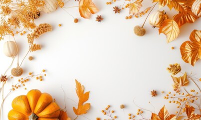 Thanksgiving and Autumn decoration concept made from autumn leaves and pumpkins, dried foliage, berry, pinecones and acorns with copy space, top view.