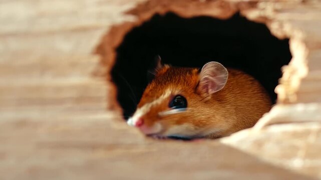 A small mouse peeking through a hole in a wooden structure, highlighting the common issue of rodent infestation in homes. This image underscores the importance of pest prevention and control 