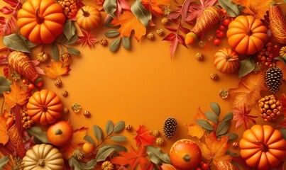 Obraz premium Thanksgiving and Autumn decoration concept made from autumn leaves and pumpkins, dried foliage, berry, pinecones and acorns with copy space, top view.