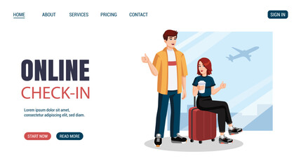 Young couple with suitcase, backpack showing thumbs up at the airport before flight. Flat design, cartoon style. Vector illustration. Online check in concept website, web page design.
