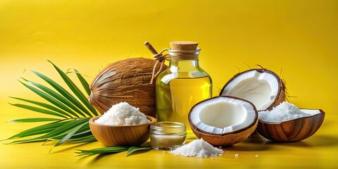 Coconut oil, butter, and salt ingredients with fresh coconuts on a yellow background , coconuts, coconut oil, butter, salt