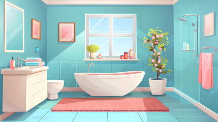 Bath room interior with bathtub and toilet bowl, cabinets and mirrors, cleaning products, and towels. Cartoon vector shower space with window and carpet on floor.