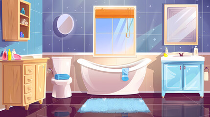 Bath room interior with bathtub and toilet bowl, cabinets and mirrors, cleaning products, and towels. Cartoon vector shower space with window and carpet on floor.