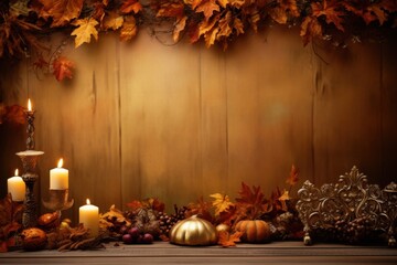 Thanksgiving and Autumn decoration concept made from autumn leaves and pumpkins, dried foliage, berry, pinecones and acorns with copy space