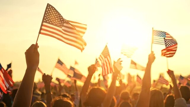 A diverse crowd of people, all ages and backgrounds, enthusiastically waving American flags during a patriotic celebration. The image captures the essence of national pride and unity, with vibrant col
