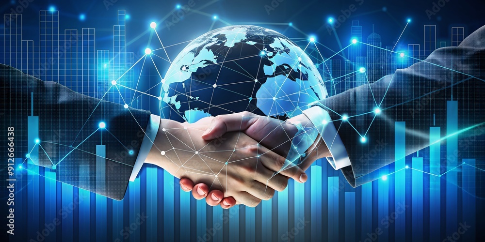 Poster global business concept: shutterstock-style image featuring handshake icon on graph with rising bars