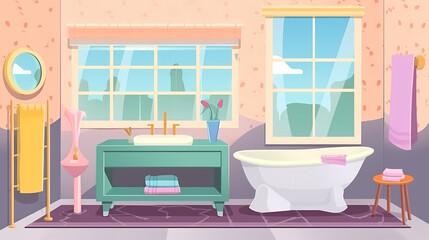 Bath room interior with bathtub and toilet bowl, cabinets and mirrors, cleaning products, and towels. Cartoon vector shower space with window and carpet on floor.