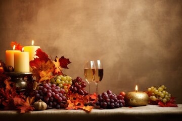 Obraz premium A table is covered with fall decorations including pumpkins, apples, and candles autumn background with copy space