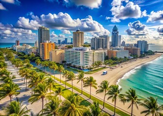 Obraz premium Vibrant urban cityscape of Miami's South Beach during summer, showcasing palm trees, art deco buildings, and crystal-clear ocean waters under a bright sunny sky.