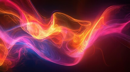 Obraz premium Abstract swirling neon light wave with vibrant pink, orange, and yellow colors on a dark background.