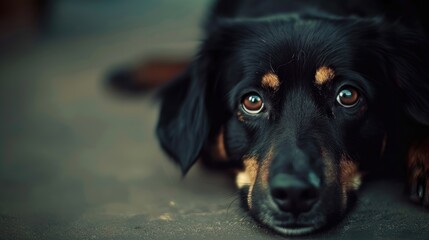Close up portrait photo of a black dog lying on the ground looking at the camera with his cute puppy eyes.