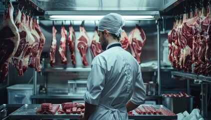 A butcher is cutting meat in a meat shop