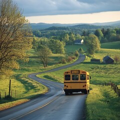 Obraz premium School bus on a winding road in the countryside.