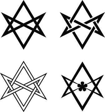 A unicursal hexagram six pointed star with four variations. Interlaced hexagram solid, interlaced outline and with five petalled flower. Thelema symbol vector on isolated background.