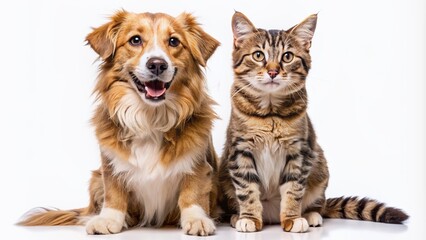 Obraz premium Adorable happy dog and cat sitting together, looking directly at camera, showcasing heartwarming friendship and amazing friendliness of the two beloved pets on transparent background.