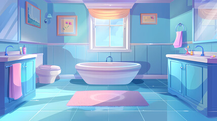 Bath room interior with bathtub and toilet bowl, cabinets and mirrors, cleaning products, and towels. Cartoon vector shower space with window and carpet on floor.