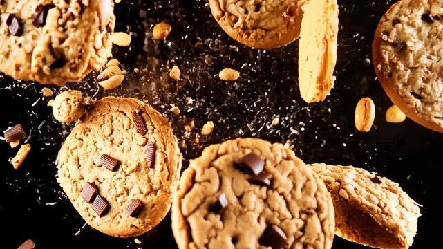Delicious biscuits with chocolate explode with energy against a dark background.