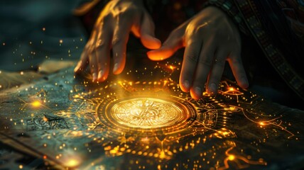Hands performing a mystical ritual with glowing symbols and magical light, creating a sense of mystery and magic