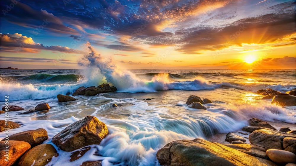 Canvas Prints Landscape with waves crashing against coastal stones at sunrise, ocean, waves, rocks, coastline, dawn, nature, water