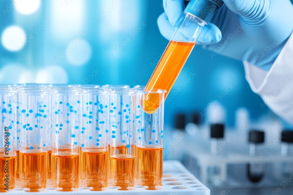 Poster hand of researcher working with microplate for elisa analysis in the laboratory. doctor using panel 