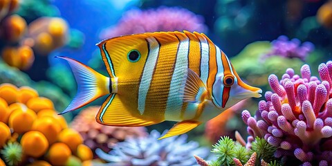 Copperband butterfly fish swimming in vibrant coral reef habitat, tropical, marine, underwater, reef, colorful, exotic