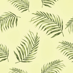 This artwork presents a dazzling array of Tropical Leaf Watercolor Seamless Patterns against a soft yellow background