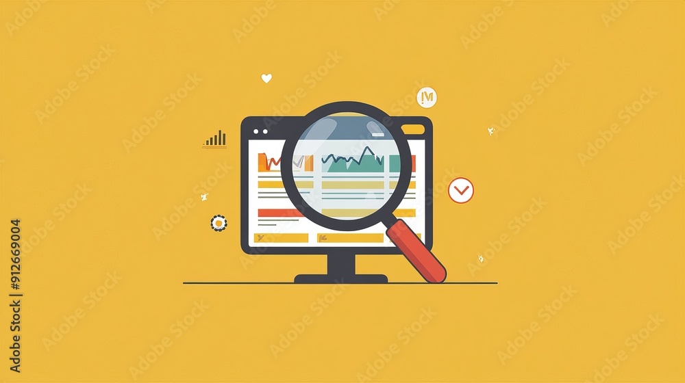 Aufkleber analyzing search engine optimization strategy with magnifying glass on website - minimalist flat ill
