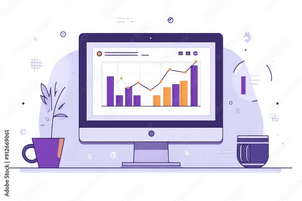 Poster modern seo and search engine optimization analytics on computer screen - minimalist creativity flat 