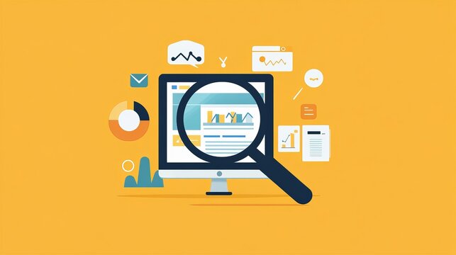 Enhancing SEO Strategy: Magnifying Glass on Minimalist Website - Flat Illustration