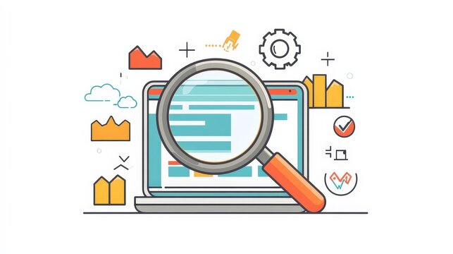 Digital Marketing Essentials: SEO Strategy Exploration with Minimalist Magnifying Glass Website Analysis - Flat Illustration Concept