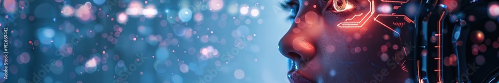 Poster futuristic robotic profile with glowing circuits, bokeh lights.