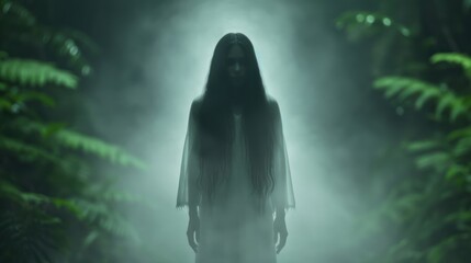 A ghostly woman with long, black hair, standing silently in a clearing of the dense jungle