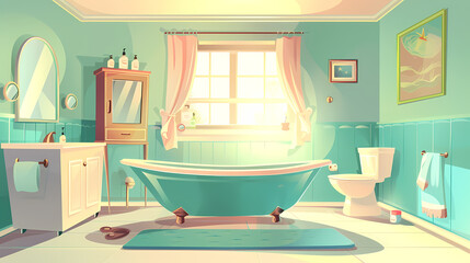 Bath room interior with bathtub and toilet bowl, cabinets and mirrors, cleaning products, and towels. Cartoon vector shower space with window and carpet on floor.
