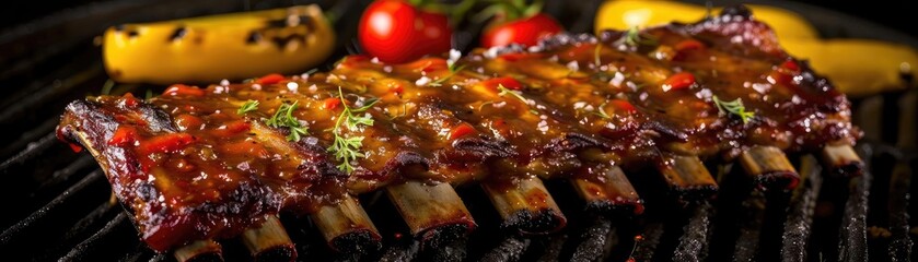 Delicious grilled rib with a savory glaze, served alongside fresh cherry tomatoes and yellow plantains, perfect for a barbecue feast.