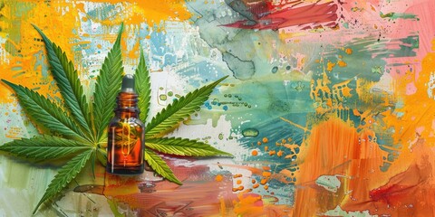 Fototapeta premium Abstract Art of CBD Oil Bottle and Leaves