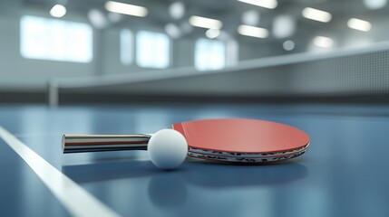 A pair of table tennis paddles and a ping pong ball on a table tennis table.