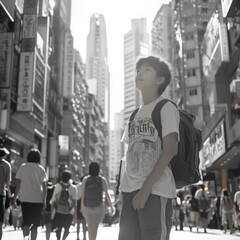 Fototapeta premium Boy Looking Up at Tall Buildings in Hong Kong.