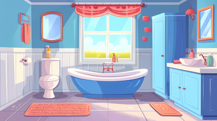 Bath room interior with bathtub and toilet bowl, cabinets and mirrors, cleaning products, and towels. Cartoon vector shower space with window and carpet on floor.