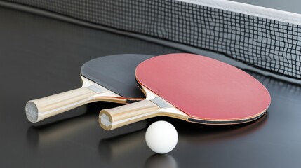 A pair of table tennis paddles and a ping pong ball on a table tennis table.