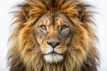 Naklejka premium Majestic lion face with a shaggy mane and piercing golden eyes gazes intensely into the camera against a clean isolated white background.