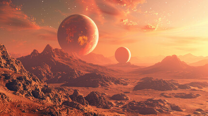 A breathtaking view of a distant Martian landscape featuring floating planets at sunset