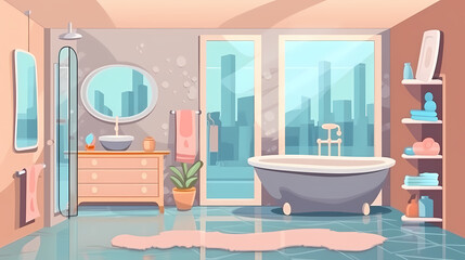 Bath room interior with bathtub and toilet bowl, cabinets and mirrors, cleaning products, and towels. Cartoon vector shower space with window and carpet on floor.