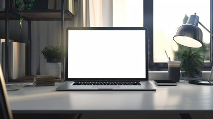 Fototapeta premium Workspace with a laptop computer on a desk, blank screen and clean layout, suitable for customization